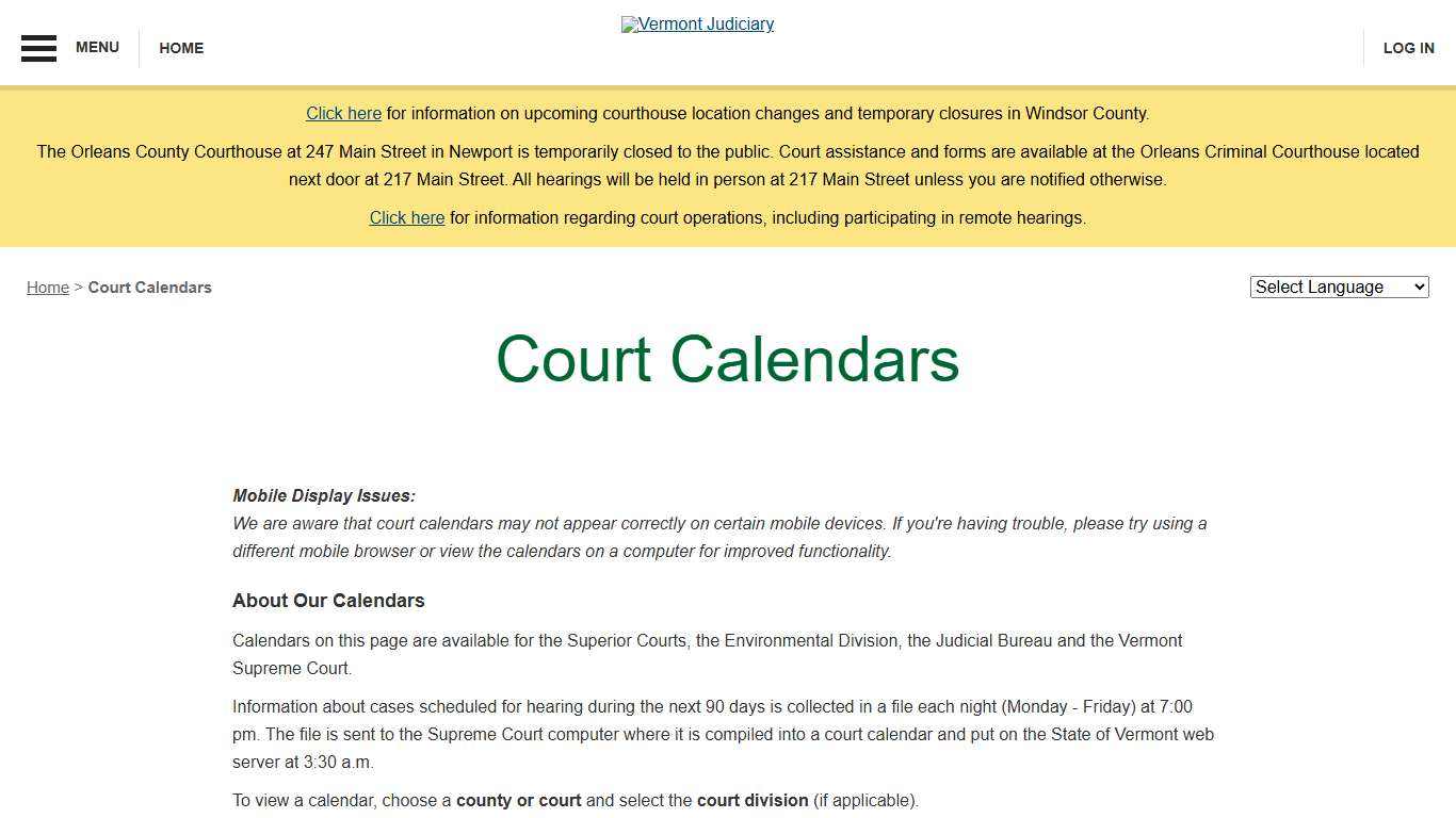 Court Calendars Vermont Judiciary