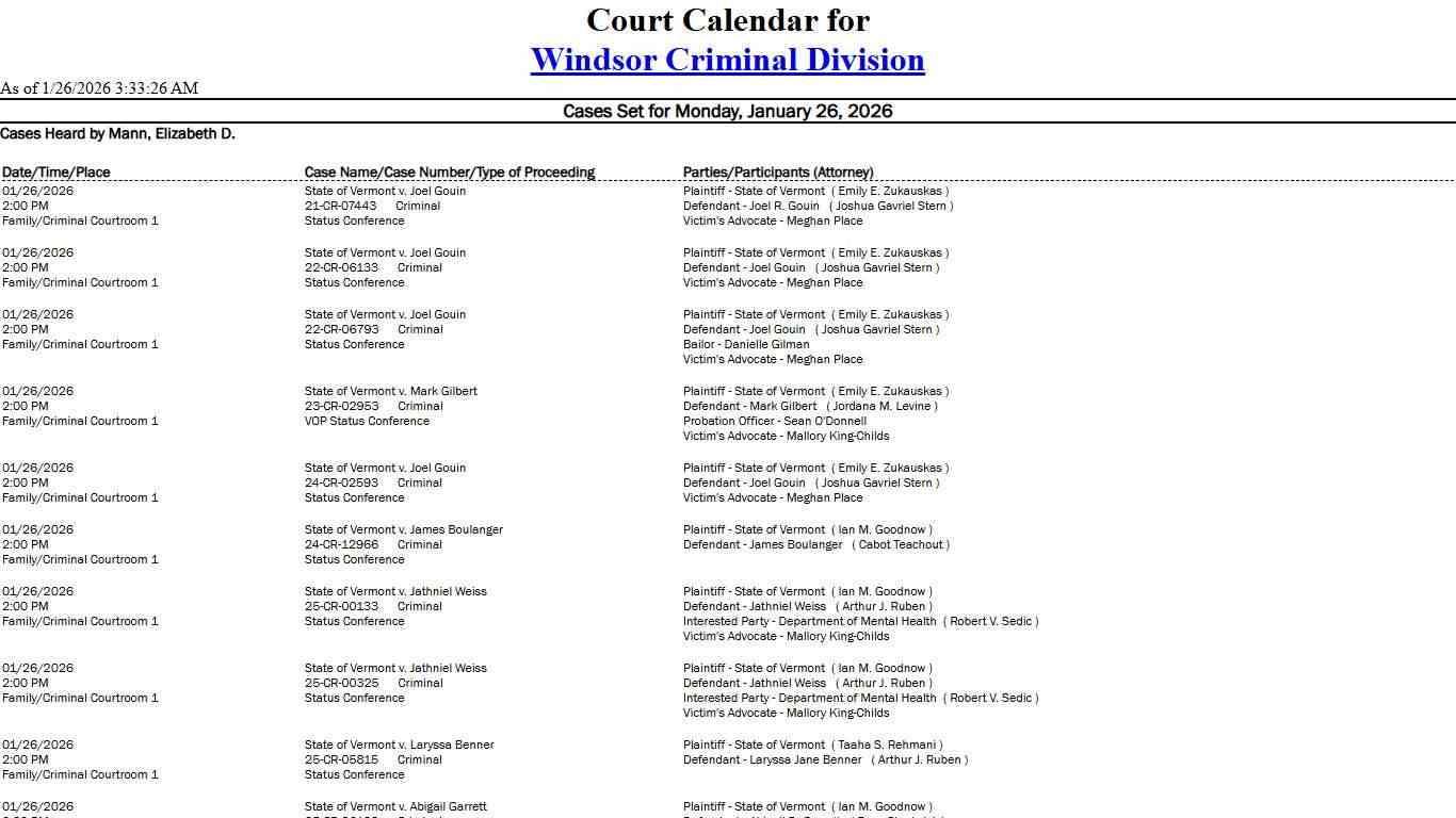 Windsor Criminal Division Calendar